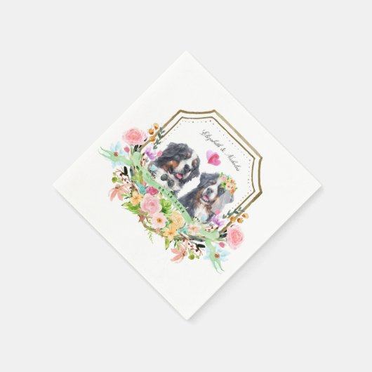 Bernese Mountain Dog | Gouden Floral Crest Wedding Servet (Hoek)