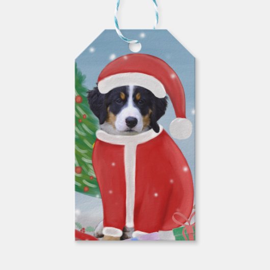 Bernese Mountain Dog in sneeuw met kerstcadeaus Cadeaulabel (Voorkant)