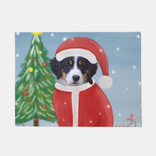 Bernese Mountain Dog in sneeuw met kerstcadeaus Deurmat (Voorkant)