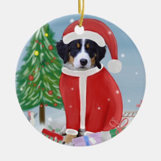 Bernese Mountain Dog in sneeuw met kerstcadeaus Keramisch Ornament (Voorkant)