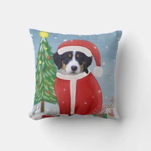 Bernese Mountain Dog in sneeuw met kerstcadeaus Kussen