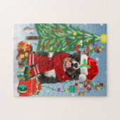 Bernese Mountain Dog in sneeuw met kerstcadeaus Legpuzzel (Horizontaal)
