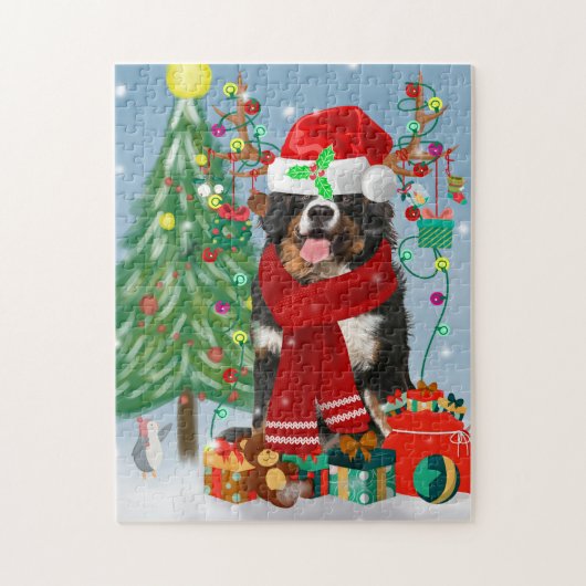 Bernese Mountain Dog in sneeuw met kerstcadeaus Legpuzzel (Verticaal)
