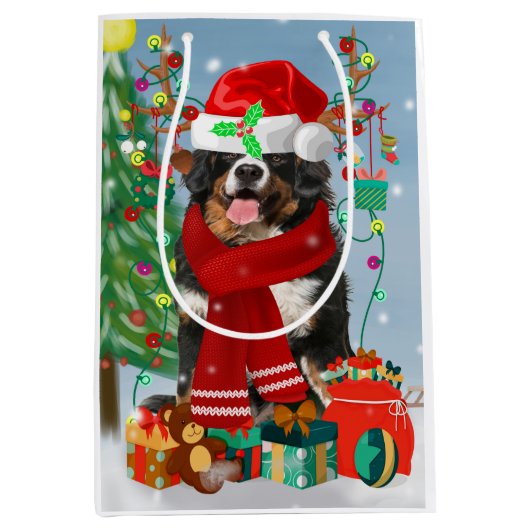 Bernese Mountain Dog in sneeuw met kerstcadeaus Medium Cadeauzakje (Voorkant)