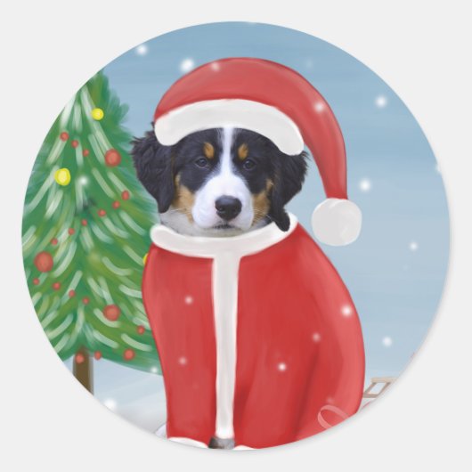 Bernese Mountain Dog in sneeuw met kerstcadeaus Ronde Sticker (Voorkant)