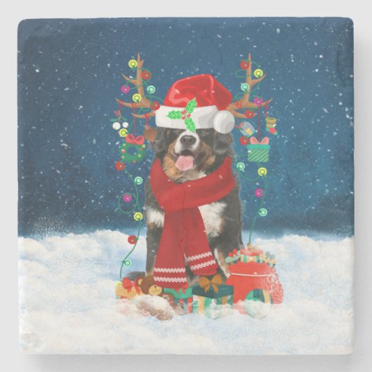 Bernese Mountain Dog in sneeuw met kerstcadeaus Stenen Onderzetter (Voorkant)