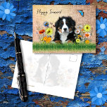Bernese Mountain Dog in Wildflowers Custom Briefkaart<br><div class="desc">A fun dog and wildflowers postcard to send to a friend in spring or summer. A beautiful Bernese Mountain dog lies among colorful wildflowers in this design. His paws are in green grass, and bees and butterflies visit the blooms. "Happy Summer" text in script is easy to change, or delete....</div>