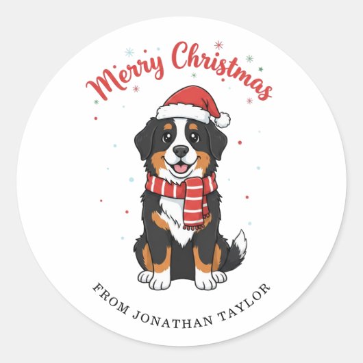 Bernese Mountain Dog Merry Christmas Doodle Ronde Sticker (Voorkant)