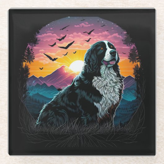 Bernese Mountain Dog met Mountain Sunrise uitzicht Glazen Onderzetter (Voorkant)
