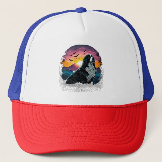 Bernese Mountain Dog met Mountain Sunrise uitzicht Trucker Pet (Voorkant)