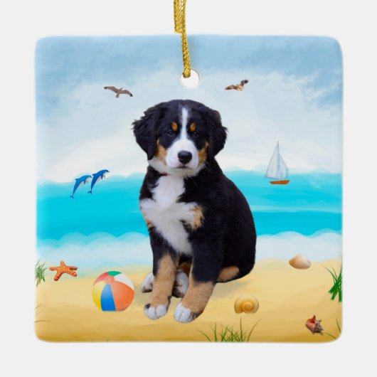 Bernese Mountain Dog over Beach Keramisch Ornament (Voorkant)
