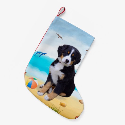 Bernese Mountain Dog over Beach Kleine Kerstsok (Voorkant (Hangend))