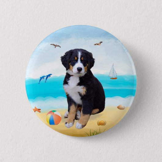 Bernese Mountain Dog over Beach Ronde Button 5,7 Cm (Voorkant)