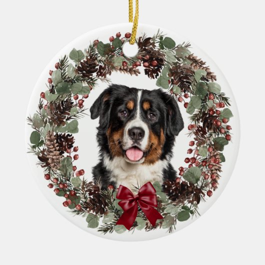 Bernese Mountain Dog Pinecone Wreath Persoonlijk Keramisch Ornament (Voorkant)