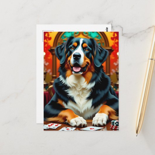 Bernese Mountain Dog playing Poker Briefkaart (Voorkant / Achterkant in situ)
