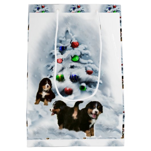 Bernese Mountain Dog Puppies Kerstmis Medium Cadeauzakje (Achterkant)