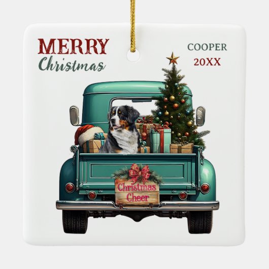 Bernese Mountain Dog Retro Truck Christmas Keramisch Ornament (Achterkant)