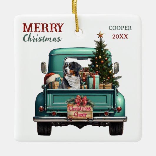 Bernese Mountain Dog Retro Truck Christmas Keramisch Ornament (Voorkant)