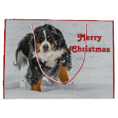Bernese Mountain Dog Sneeuwfoto met Kerstmis Groot Cadeauzakje (Achterkant)