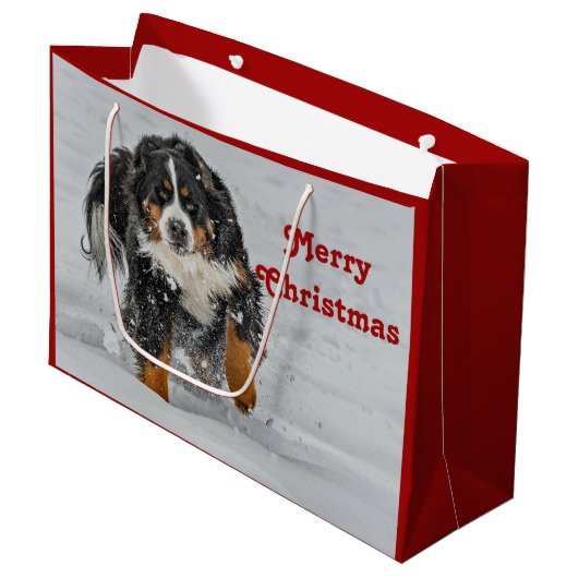 Bernese Mountain Dog Sneeuwfoto met Kerstmis Groot Cadeauzakje (Voorkant Gekanteld)