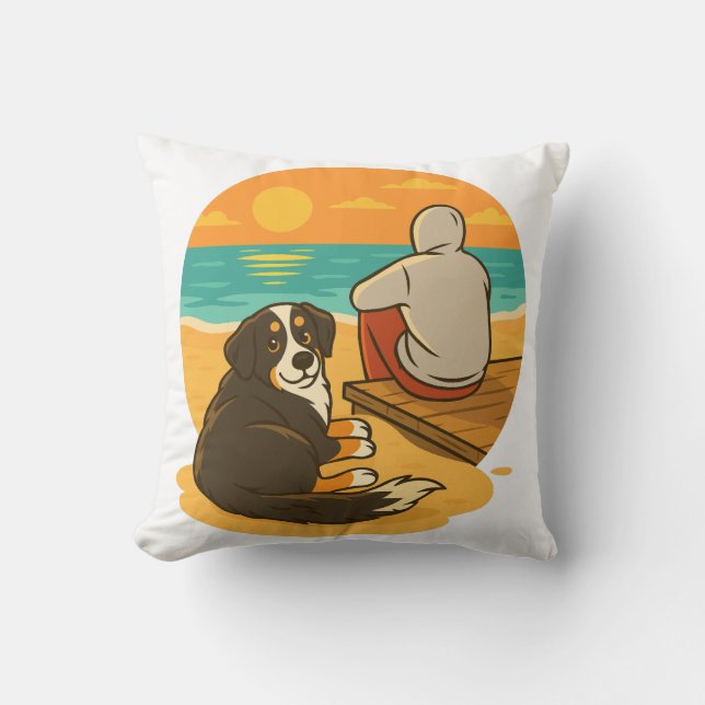 Bernese Mountain Dog Sunset Beach Companion Kussen (Voorkant)