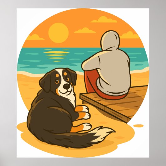 Bernese Mountain Dog Sunset Beach Companion Poster (Voorkant)