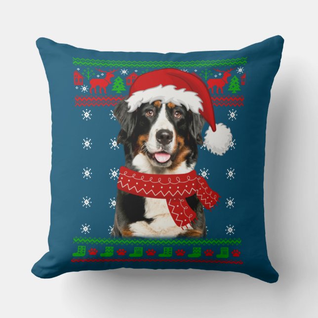 Bernese Mountain Dog Ugly Sweater Kerstpuppy Kussen (Voorkant)