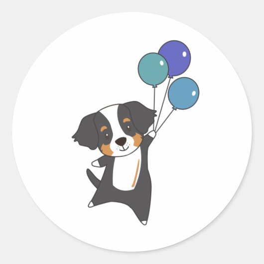 Bernese Mountain Dog vliegt met ballonnen. Ronde Sticker (Voorkant)