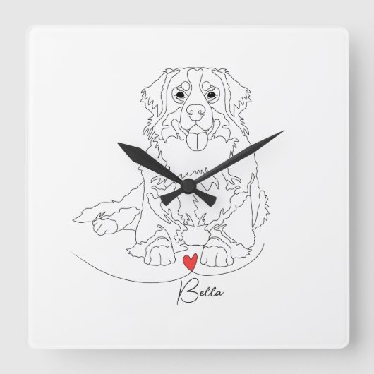 Bernese Mountain Dog with Heart Line Art Vierkante Klok (Voorkant)