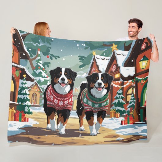Bernese Mountain Dogs Christmas Snow Holiday Fleece Deken (In situ)