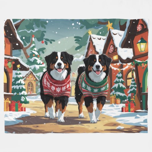 Bernese Mountain Dogs Christmas Snow Holiday Fleece Deken (Voorkant (Horizontaal))