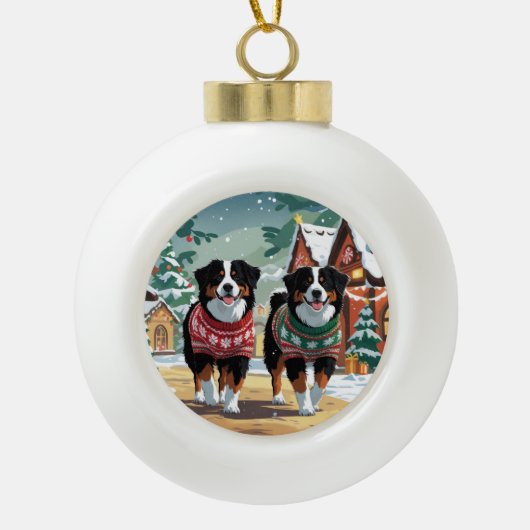 Bernese Mountain Dogs Christmas Snow Holiday Keramische Bal Ornament (Voorkant)