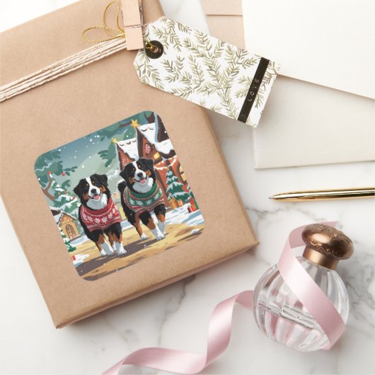 Bernese Mountain Dogs Christmas Snow Holiday Vierkante Sticker (Geschenken)