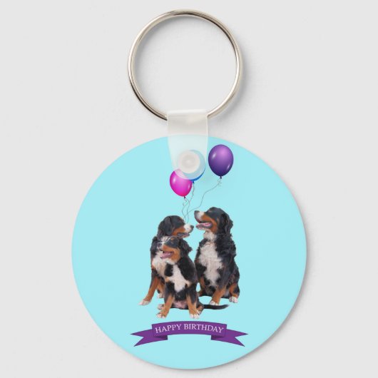 Bernese Mountain Dogs Happy Birthday Sleutelhanger (Voorkant)