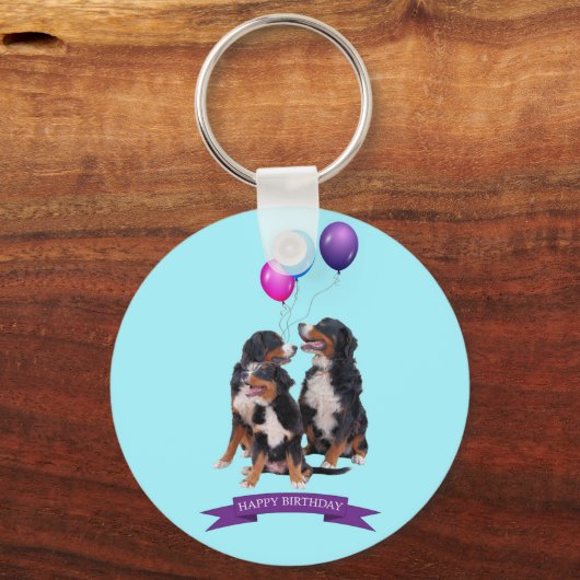 Bernese Mountain Dogs Happy Birthday Sleutelhanger (Voorkant)