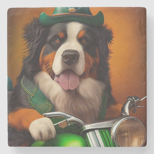 Bernese Mountain Driving Bike St. Patrick's Day Stenen Onderzetter (Voorkant)