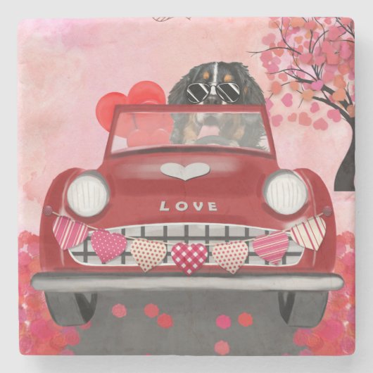 Bernese Mountain Driving Car met harten Valentijn Stenen Onderzetter (Voorkant)