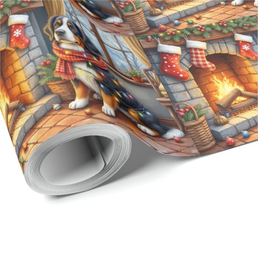 Bernese Mountain Fireplace with Christmas Lights Cadeaupapier (Rol Hoek)