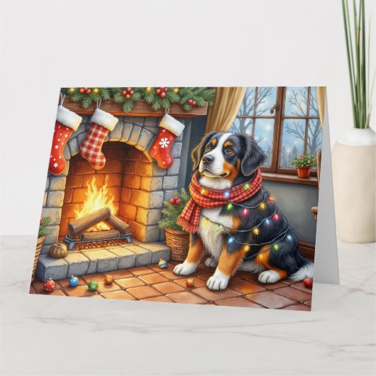 Bernese Mountain Fireplace with Christmas Lights Kaart (Voorkant)