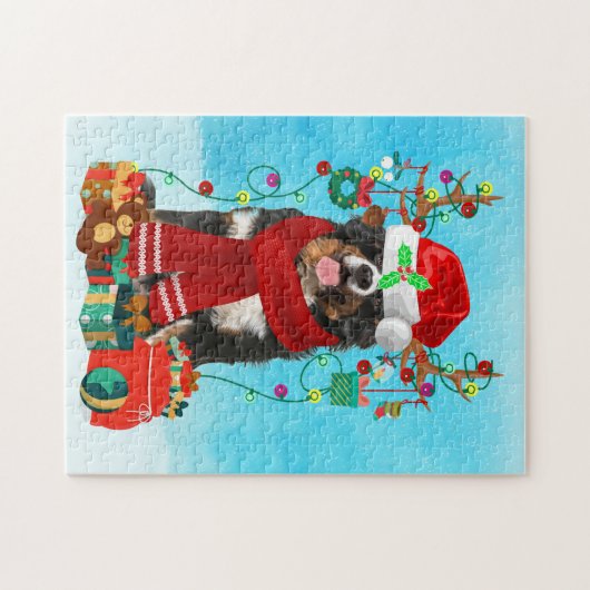 Bernese Mountain in sneeuw met kerstcadeaus Legpuzzel (Horizontaal)