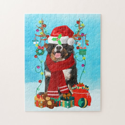 Bernese Mountain in sneeuw met kerstcadeaus Legpuzzel (Verticaal)