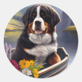 Bernese Mountain op een peddel: Een Schilderachtig Ronde Sticker (Voorkant)