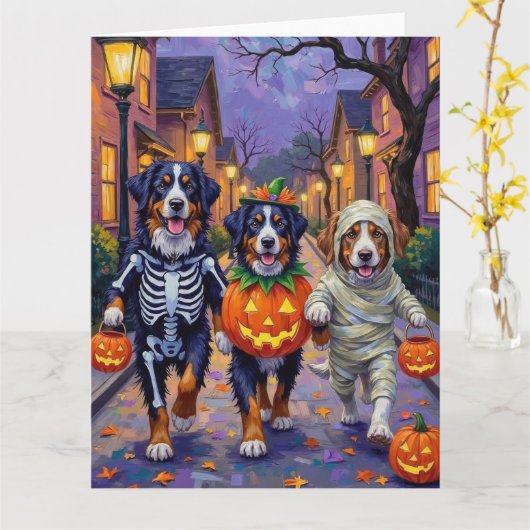Bernese Mountain Trick-or-Treating op Halloween Kaart (Gele Bloem)