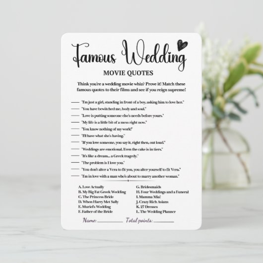 Beroemde Trouwfilm Citeert Vrijgezellenfeest Games Kaart (Staand voorkant)