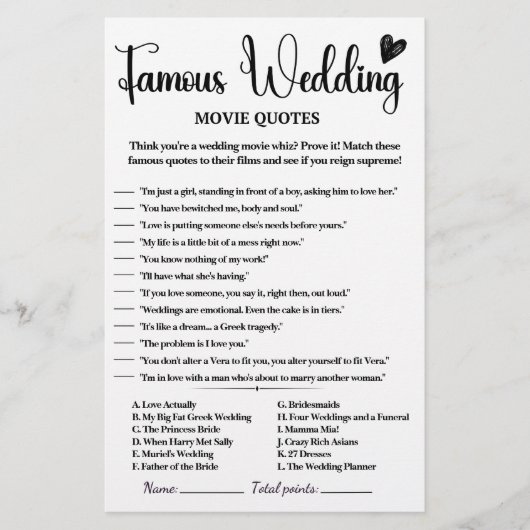Beroemde Wedding Film Quotes spel (Voorkant)