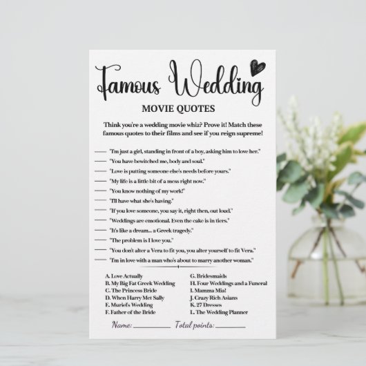 Beroemde Wedding Film Quotes spel (Staand voorkant)