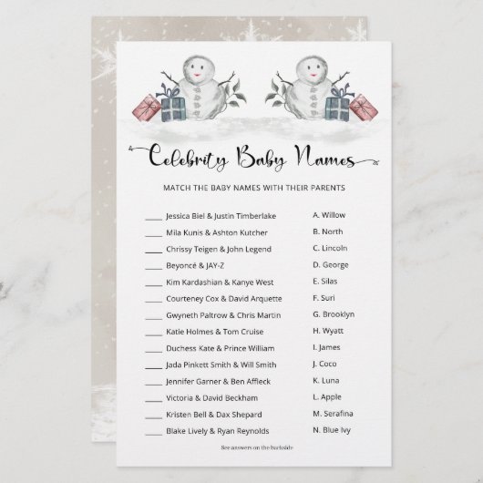 Beroemdheid Baby Namen Snowman Baby shower (Voorkant / Achterkant)