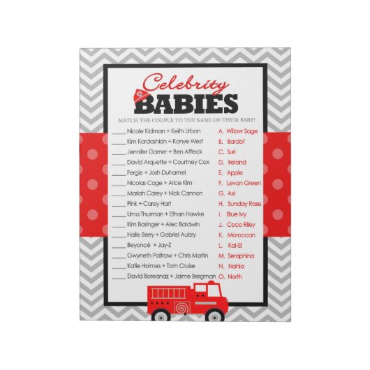 Beroemdheid Baby's Firetruck Baby shower Game Pack Notitieblok (Linkerzijde)