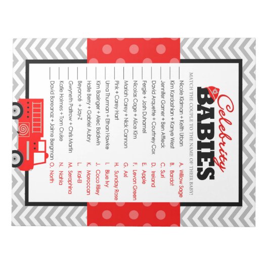 Beroemdheid Baby's Firetruck Baby shower Game Pack Notitieblok (Voorkant)
