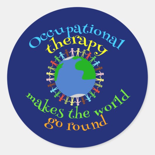 Beroepstherapie maakt de wereld rond blauw ronde sticker (Voorkant)